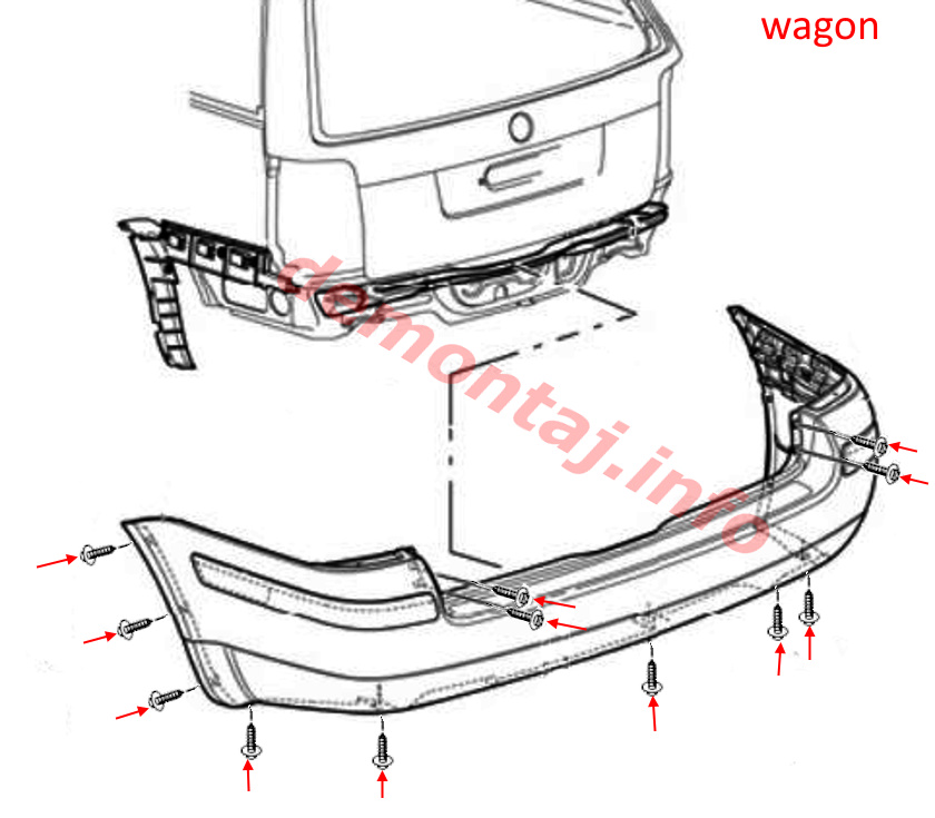 Схема крепления заднего бампера Volkswagen Passat B5 wagon (1997–2005) 