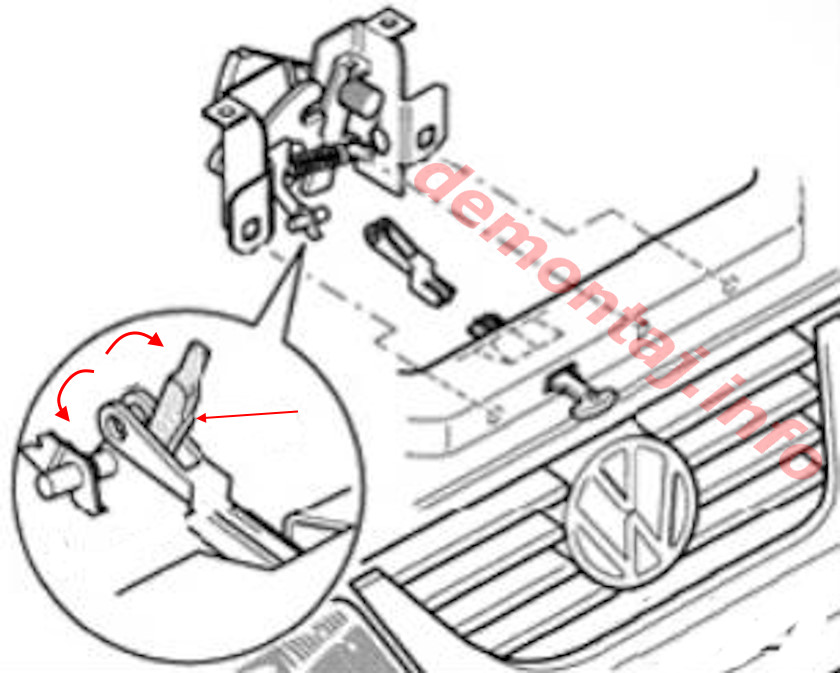 Схема крепления рычага замка капота Volkswagen Passat B5 (1997–2005) 