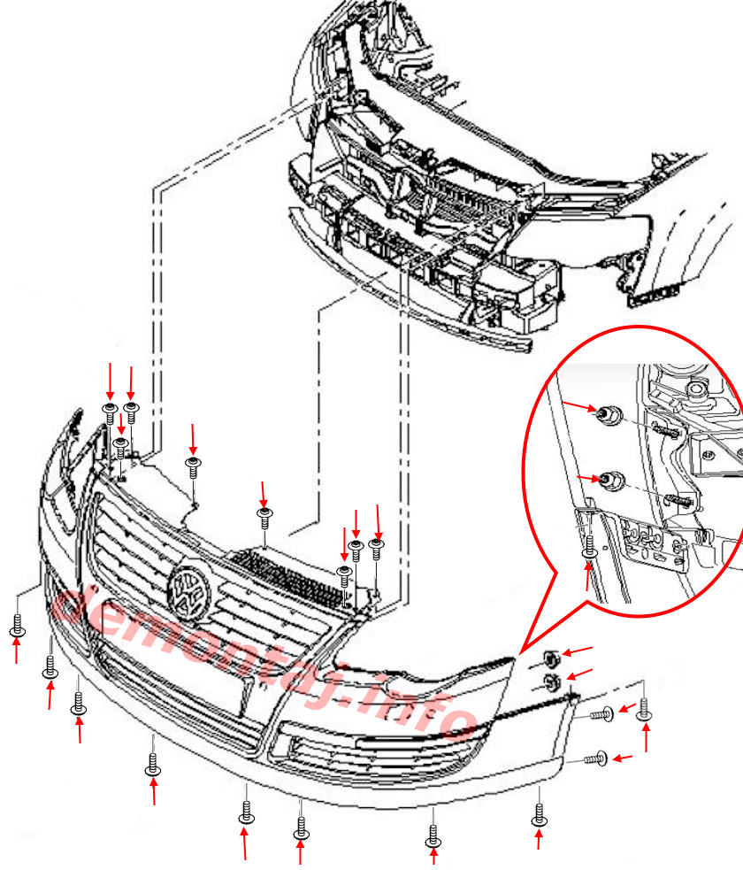 Схема крепления переднего бампера Volkswagen Passat B6 (2005–2010) 