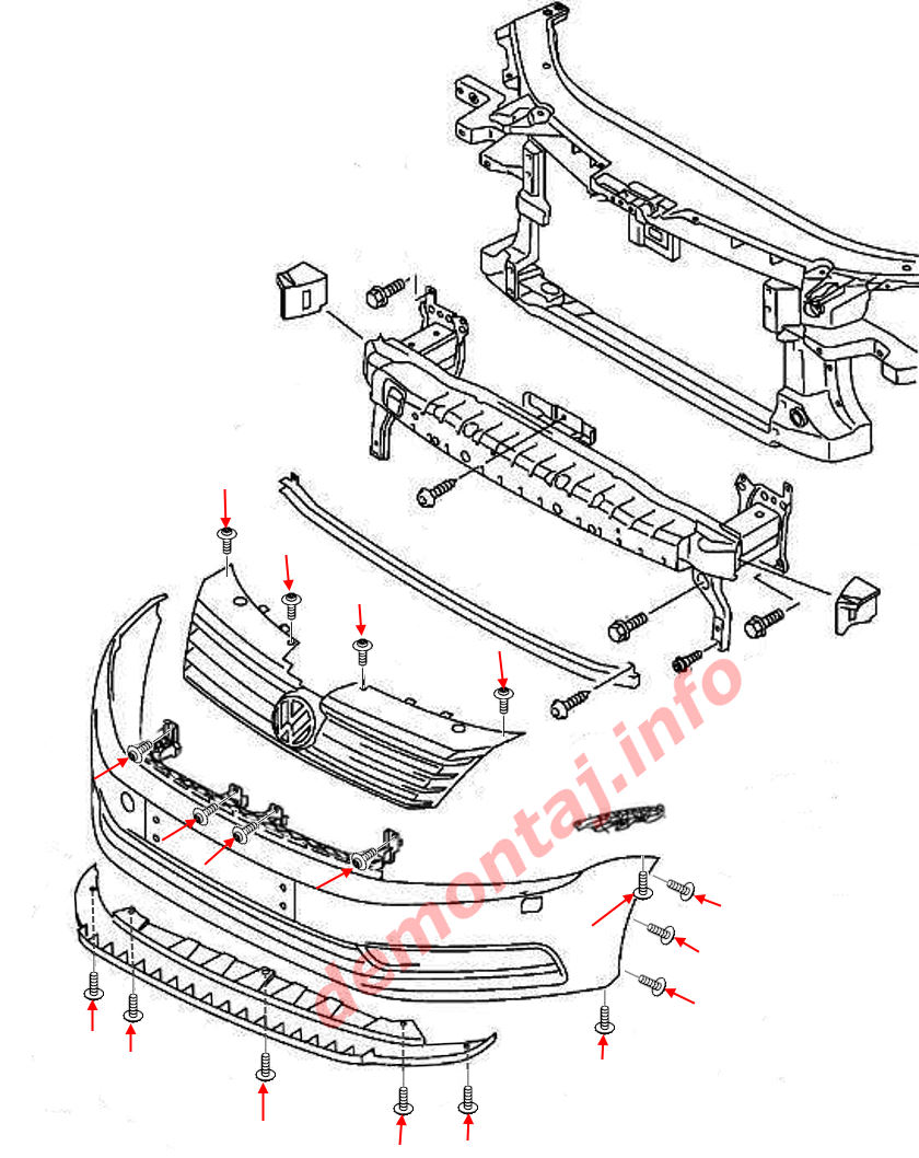 Схема крепления переднего бампера Volkswagen Passat B7 (2010–2015) 
