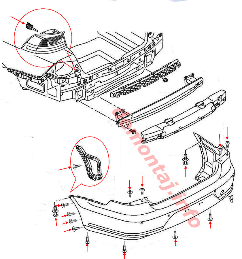 Схема крепления заднего бампера Volkswagen Passat B7 (2010–2015) 