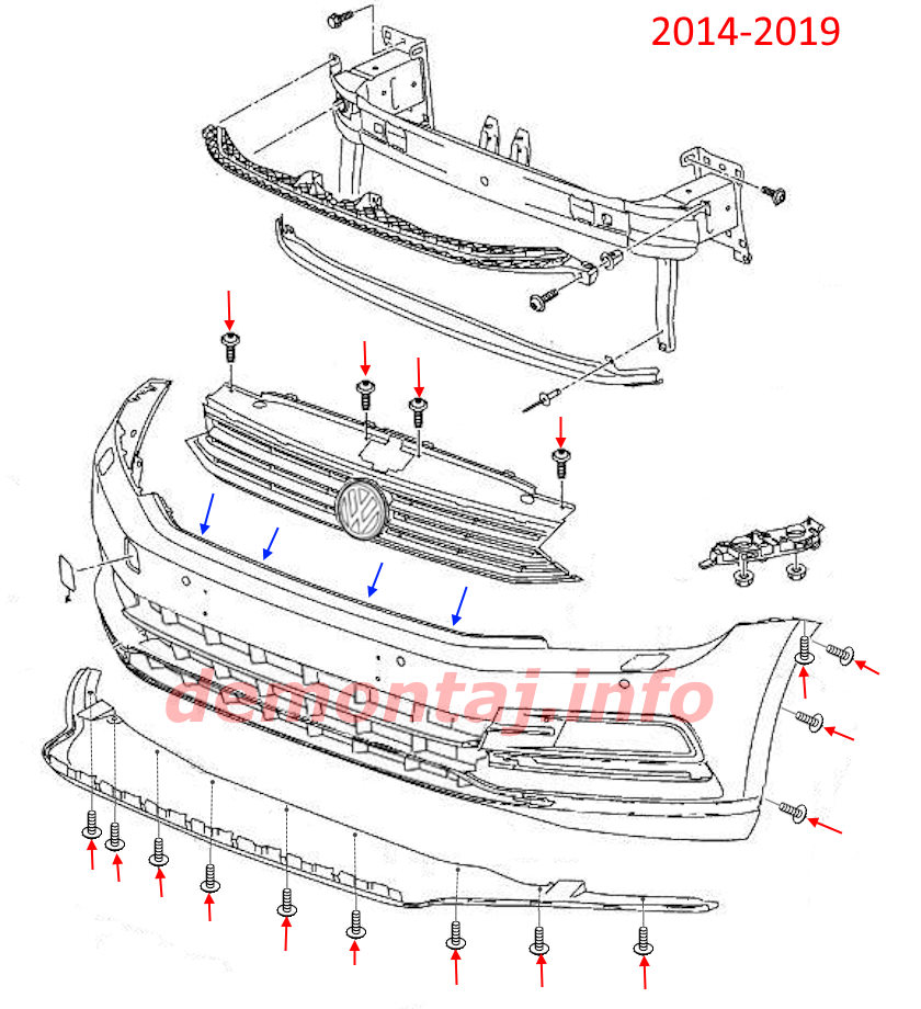 Схема крепления переднего бампера Volkswagen Passat B8 (2014–2019) 