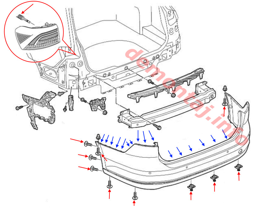 Схема крепления заднего бампера Volkswagen Passat B8 (2014–2023) 