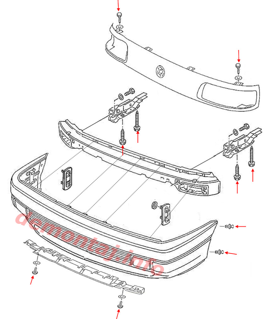 Схема крепления переднего бампера VW Passat B3 (1988–1993) 