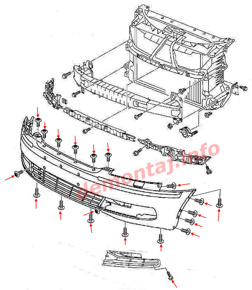 Схема крепления переднего бампера Volkswagen Phaeton 2001-2016 