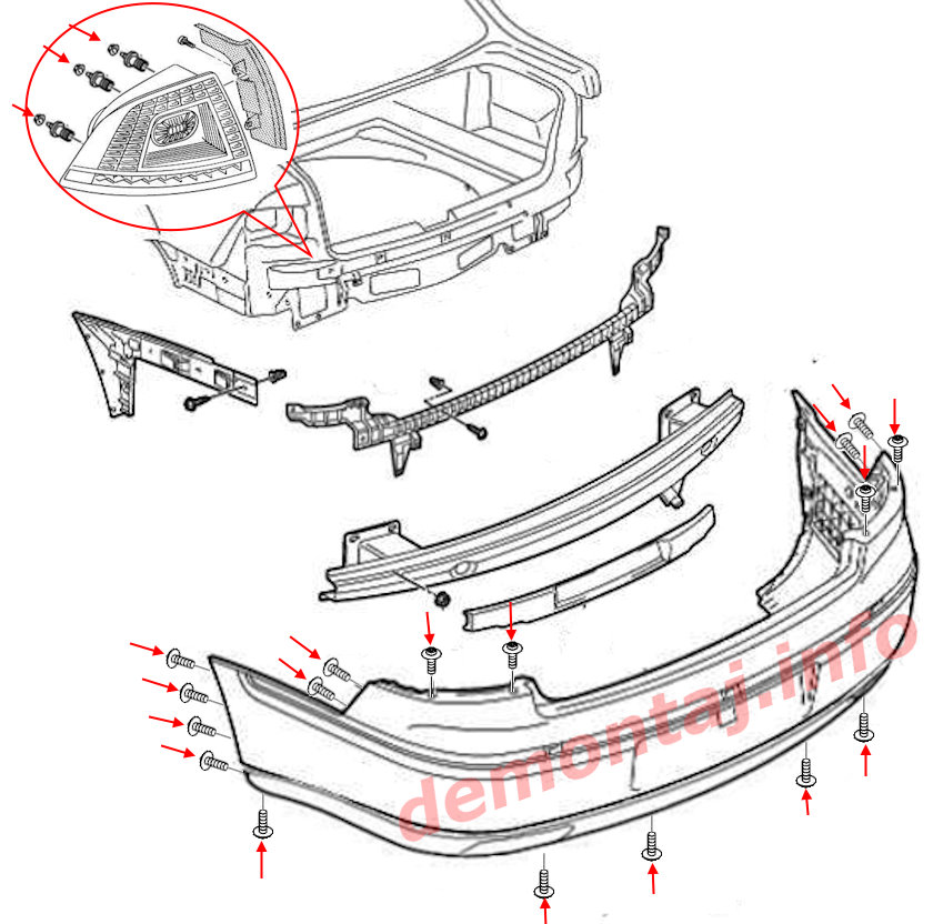 Схема крепления заднего бампера Volkswagen Phaeton 2001-2016 
