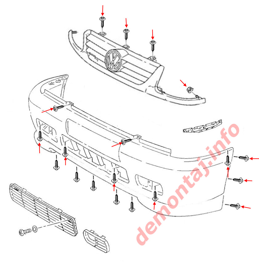 Схема крепления переднего бампера Volkswagen Polo Mk3 1994-2002 