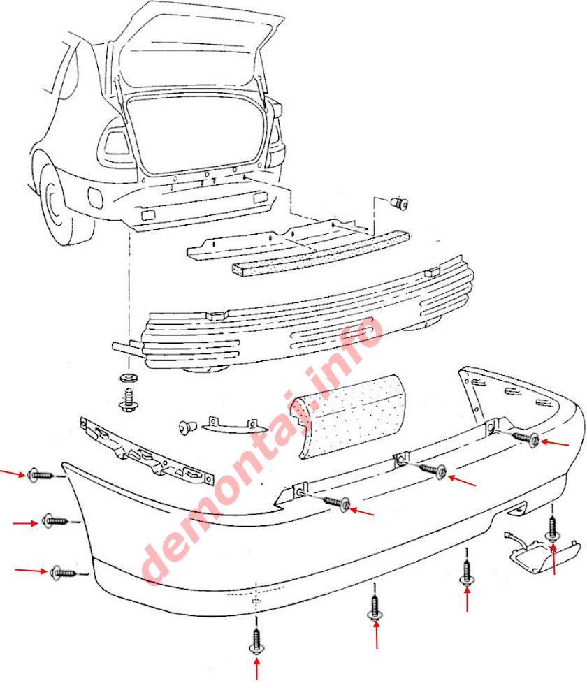 Схема крепления заднего бампера Volkswagen Polo Mk3 1994-2002 