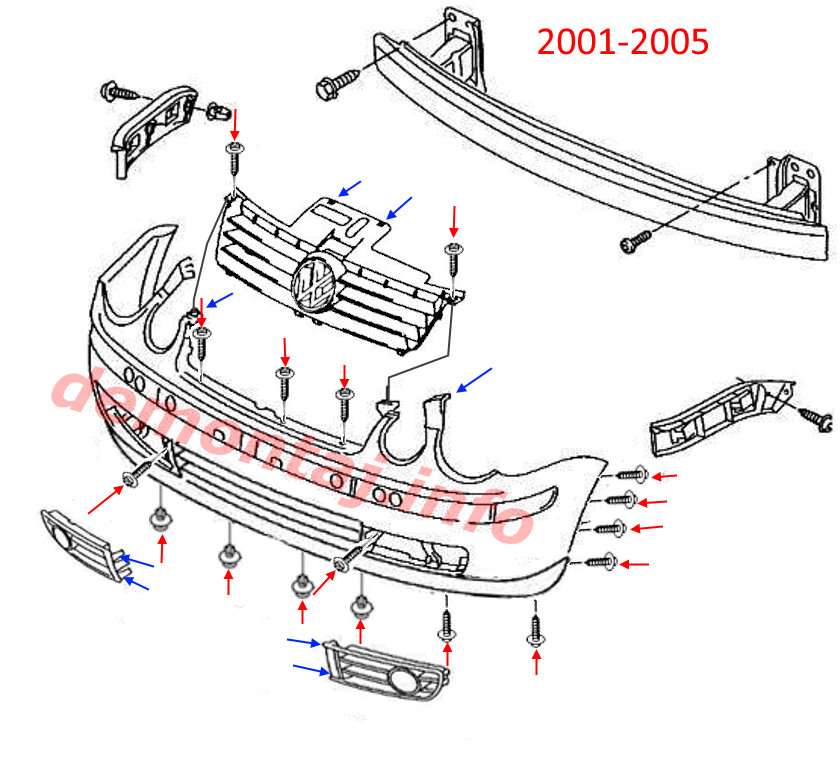 Схема крепления переднего бампера Volkswagen Polo Mk4 2001-2005