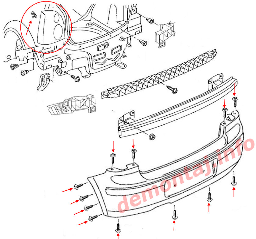 Схема крепления заднего бампера Volkswagen Polo Mk4 2001-2010 
