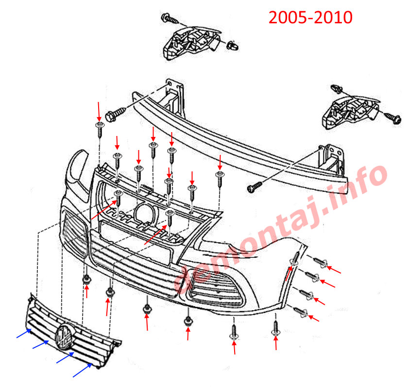 Схема крепления переднего бампера Volkswagen Polo Mk4 2005-2010 