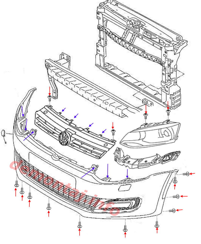 Схема крепления переднего бампера Volkswagen Polo Mk5 2009-2017/2020 