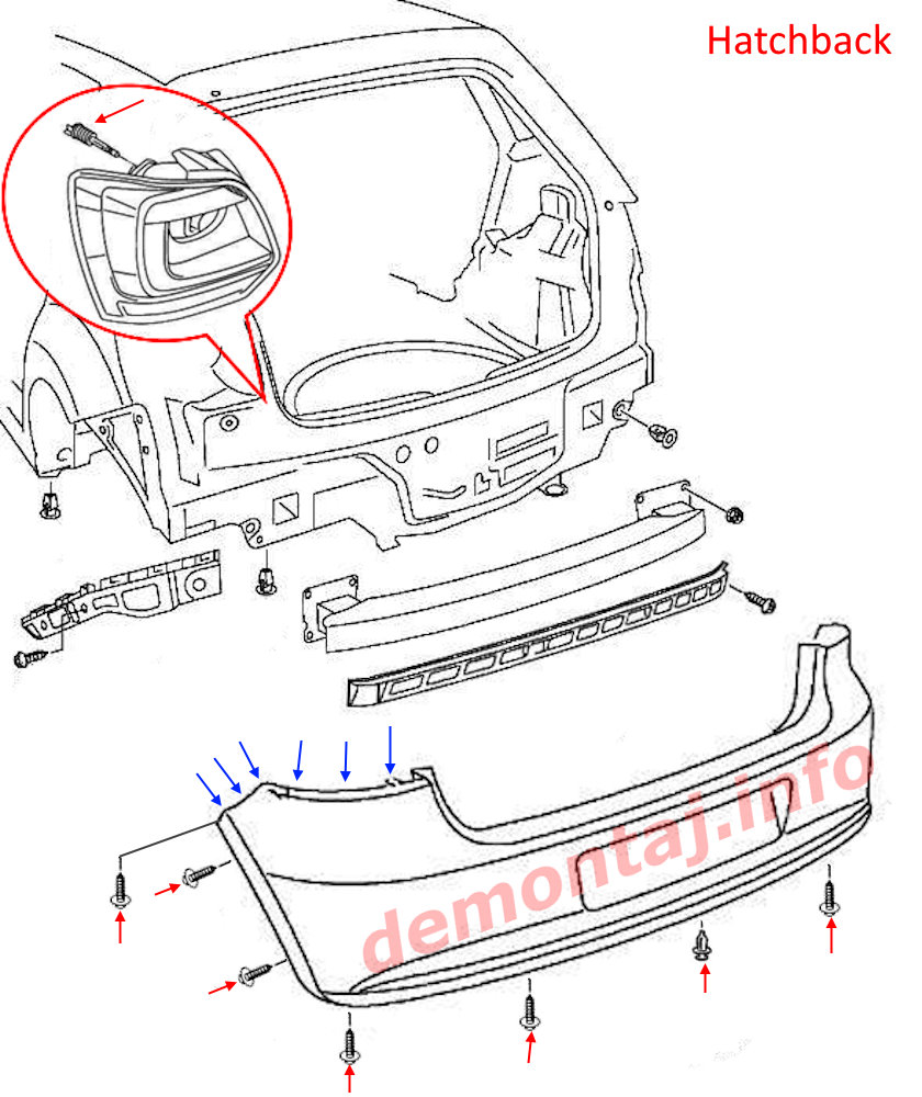 Схема крепления заднего бампера Volkswagen Polo hatchback Mk5 2009-2017 