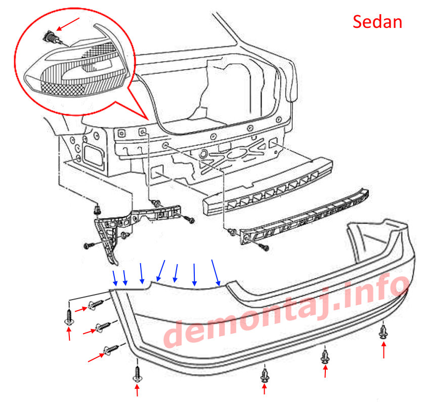 Схема крепления заднего бампера Volkswagen Polo sedan Mk5 2009-2020 