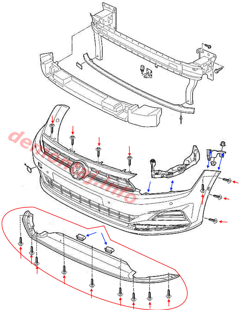 Схема крепления переднего бампера Volkswagen Polo Mk6 2017-2024 