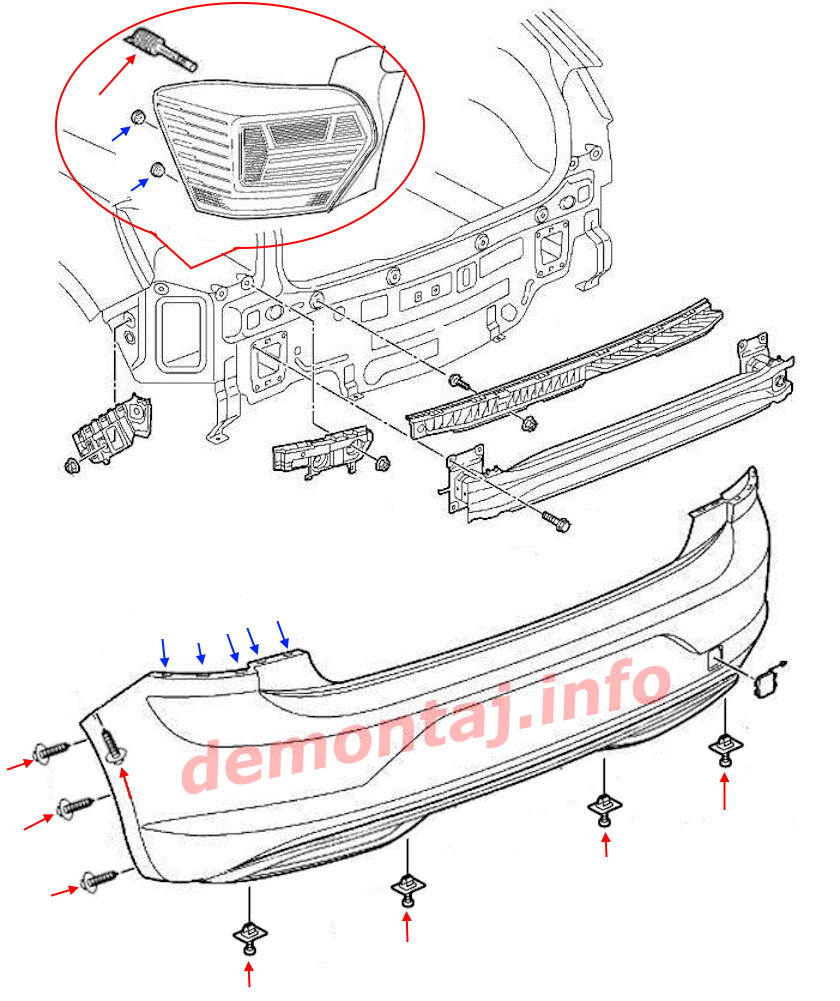 Схема крепления заднего бампера Volkswagen Polo Mk6 2017-2024 