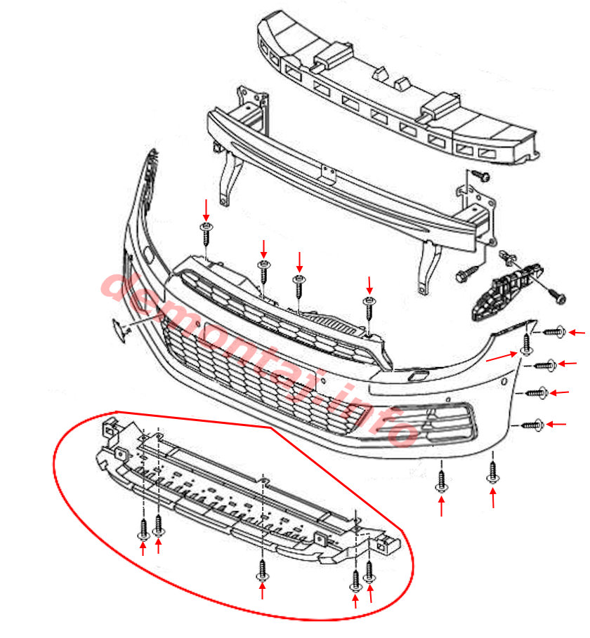 Схема крепления переднего бампера VW Scirocco mk3 2008-2017 