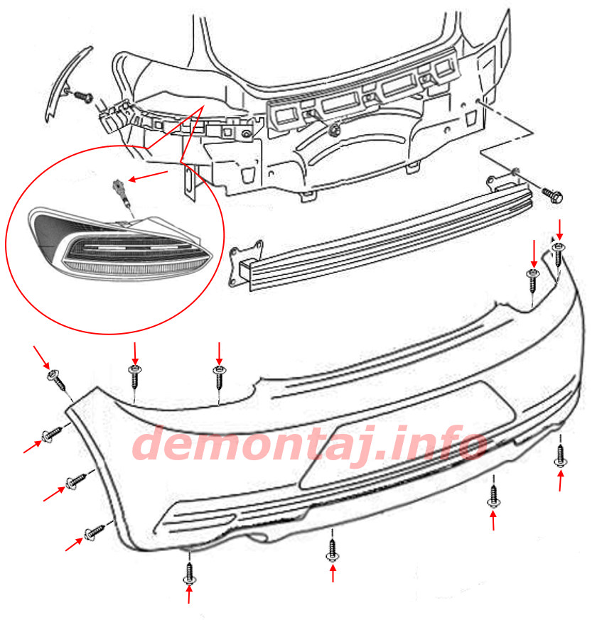 Схема крепления заднего бампера VW Scirocco mk3 2008-2017 