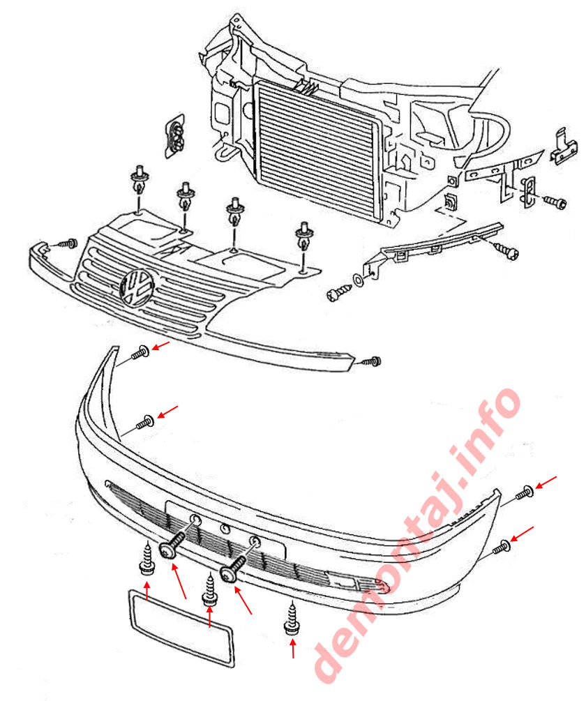 Схема крепления переднего бампера VW Sharan mk1 1995-2000 