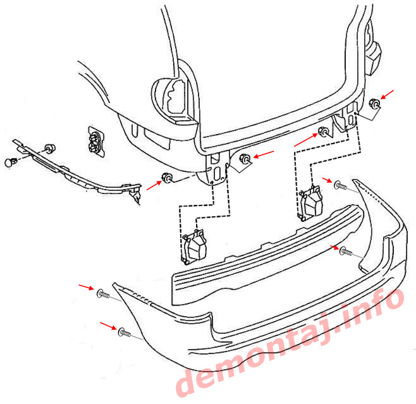 Схема крепления заднего бампера VW Sharan mk1 1995-2000 