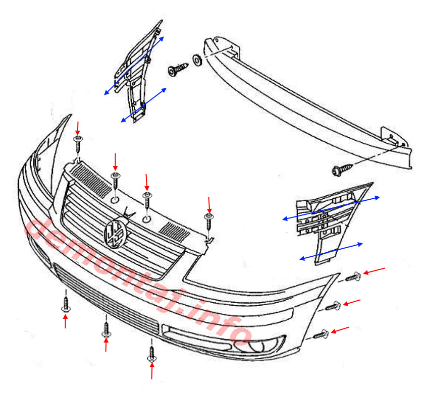 Схема крепления переднего бампера Volkswagen Sharan 1 Рестайлинг 2000-2010 