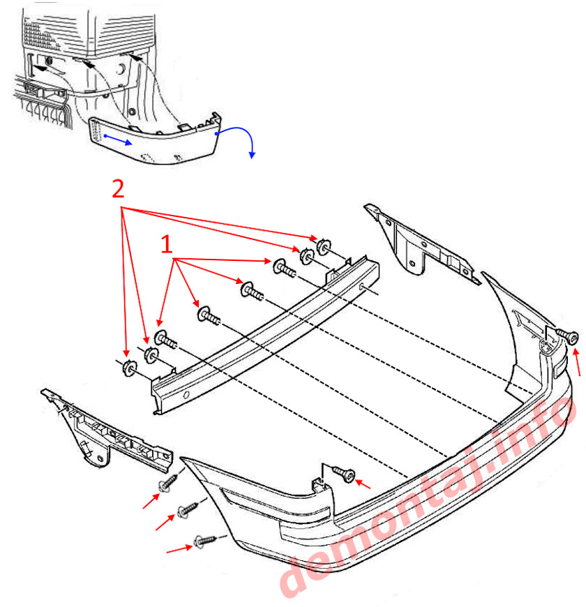 Схема крепления заднего бампера Volkswagen Sharan 1 Рестайлинг 2000-2010 