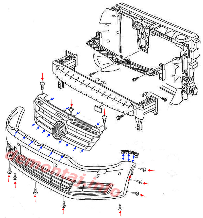 Схема крепления переднего бампера VW Sharan mk2 2010-2022 
