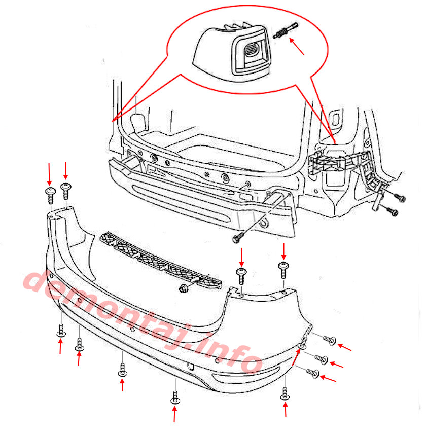 Схема крепления заднего бампера VW Sharan mk2 2010-2022 
