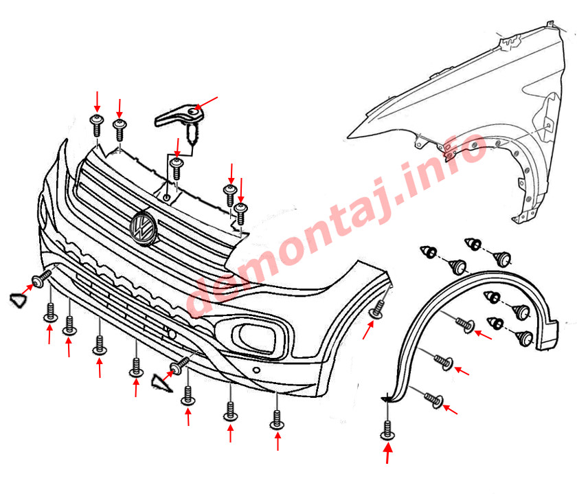 Схема крепления переднего бампера Volkswagen T-Cross 2018-2024 