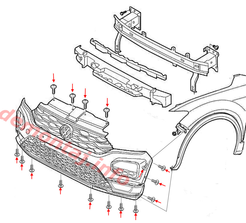 Схема крепления переднего бампера Volkswagen T-Roc 2017-2024 
