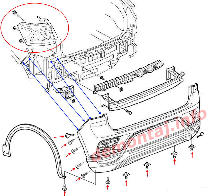 Схема крепления заднего бампера Volkswagen T-Roc 2017-2024 