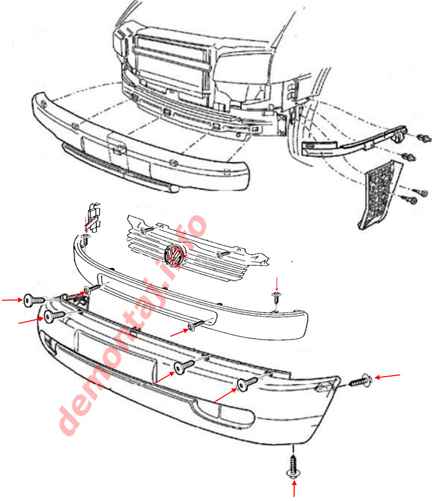 Схема крепления переднего бампера Volkswagen T4 Caravelle, Multivan.