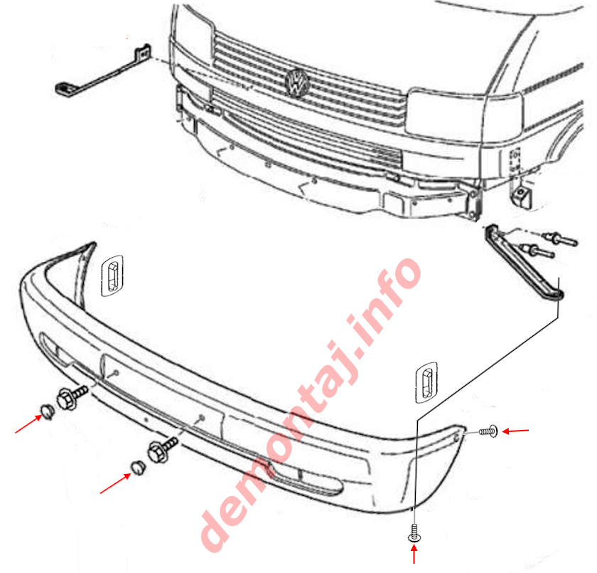 Схема крепления переднего бампера Volkswagen T4 Transporter