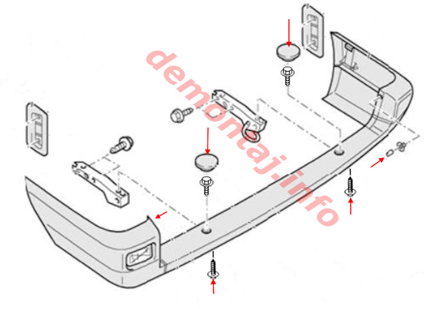 Схема крепления заднего бампера Volkswagen T4 Caravelle, Multivan, Transporter.