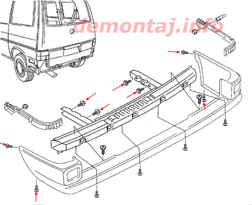 Схема крепления заднего бампера Volkswagen T4 Caravelle, Multivan, Transporter.