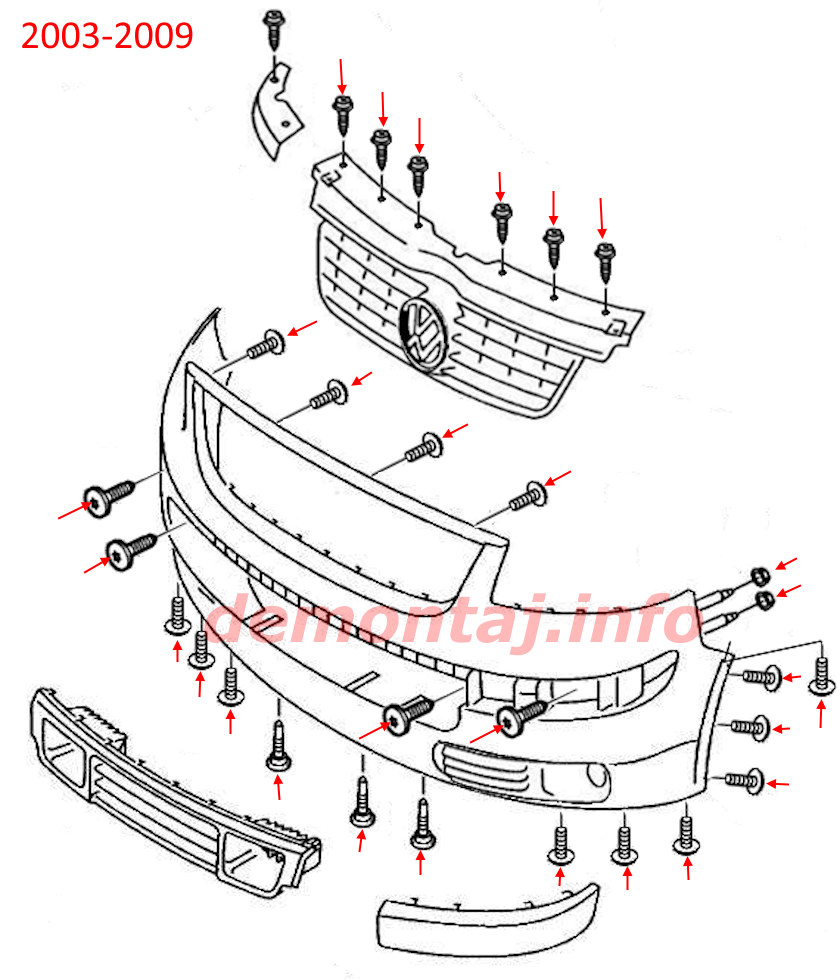 Схема крепления переднего бампера Volkswagen T5 Caravelle, Multivan, Transporter (2003-2009)