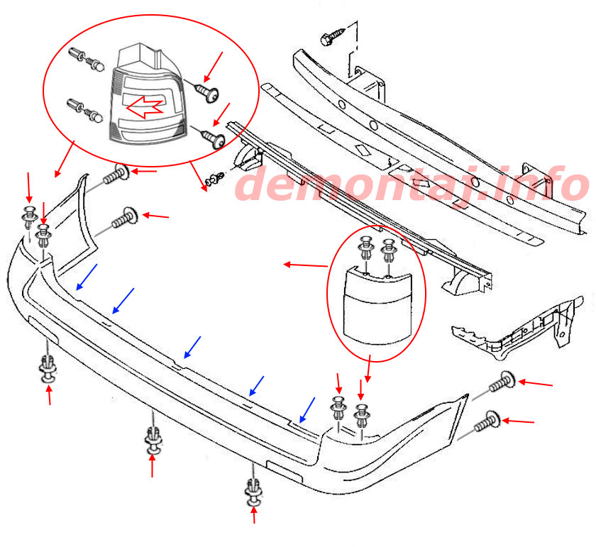 Схема крепления заднего бампера Volkswagen T5 Caravelle, Multivan, Transporter (2003-2015)
