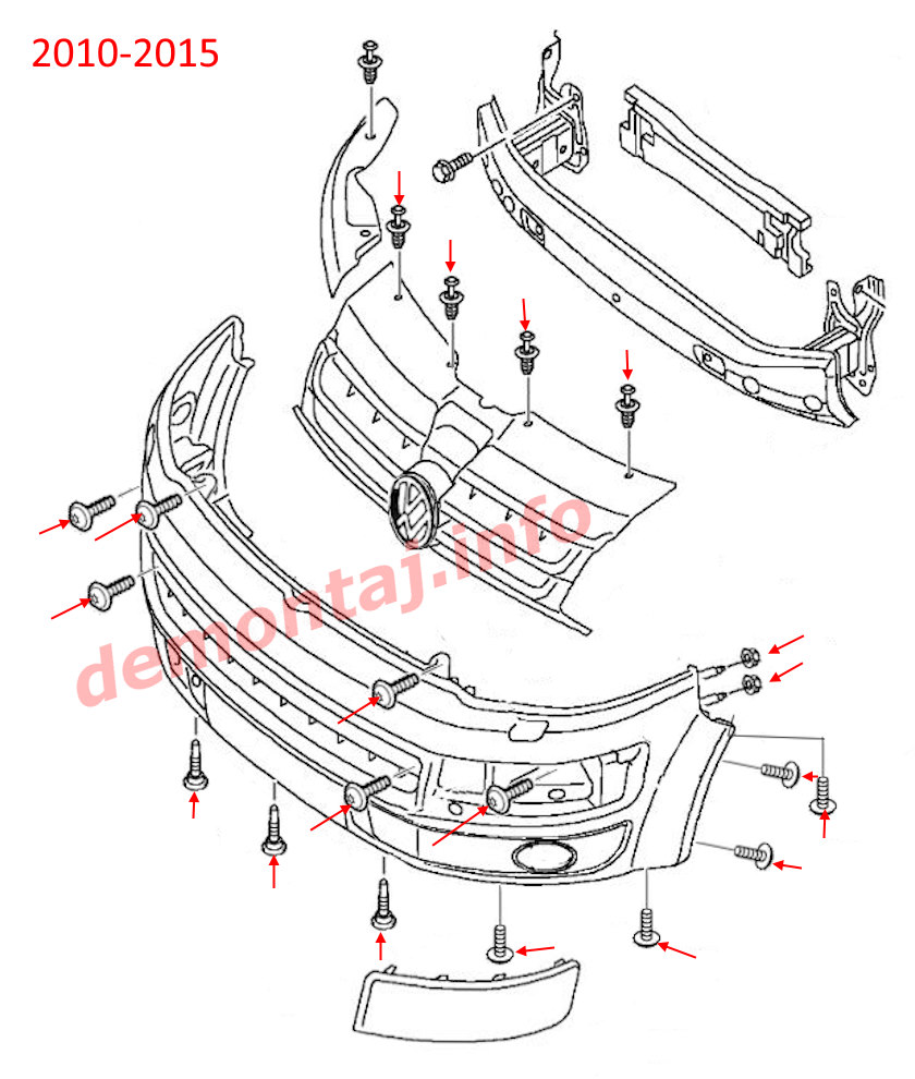 Схема крепления переднего бампера Volkswagen T5 Caravelle, Multivan, Transporter (2010-2015)