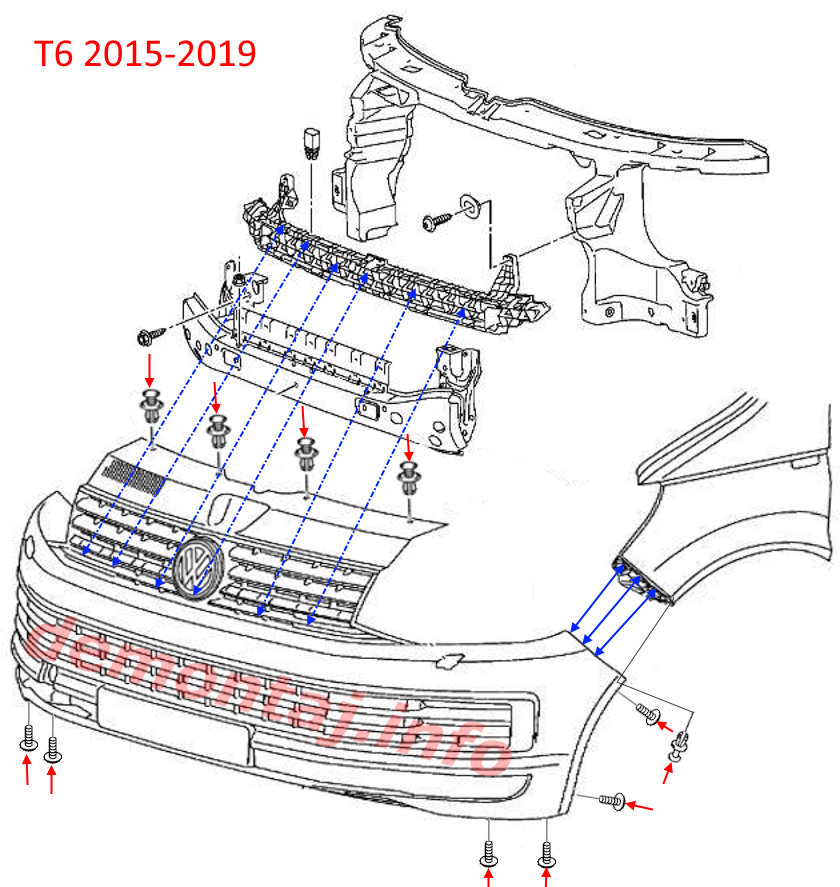 Схема крепления переднего бампера Volkswagen T6  2015-2019