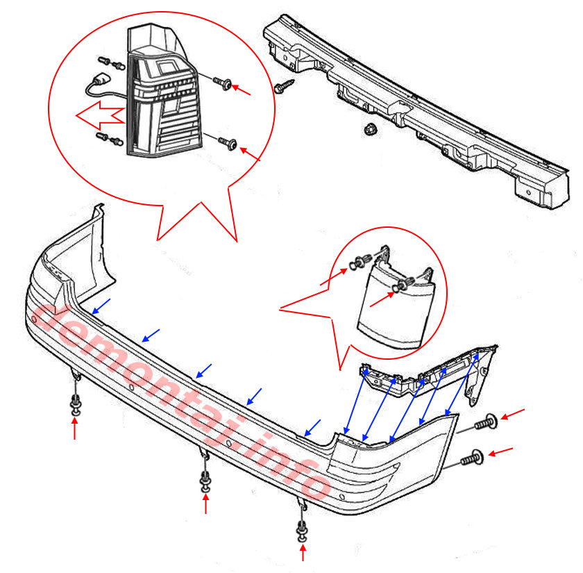 Схема крепления заднего бампера Volkswagen T6 (T6.1) 2015-2024 