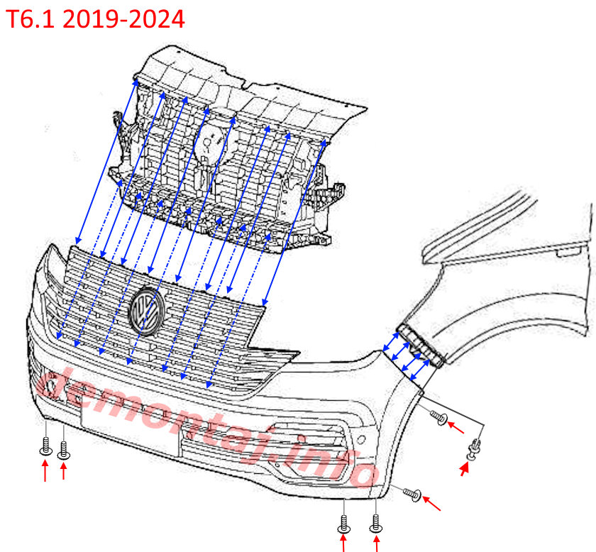 Схема крепления переднего бампера Volkswagen T6.1 2019-2024 