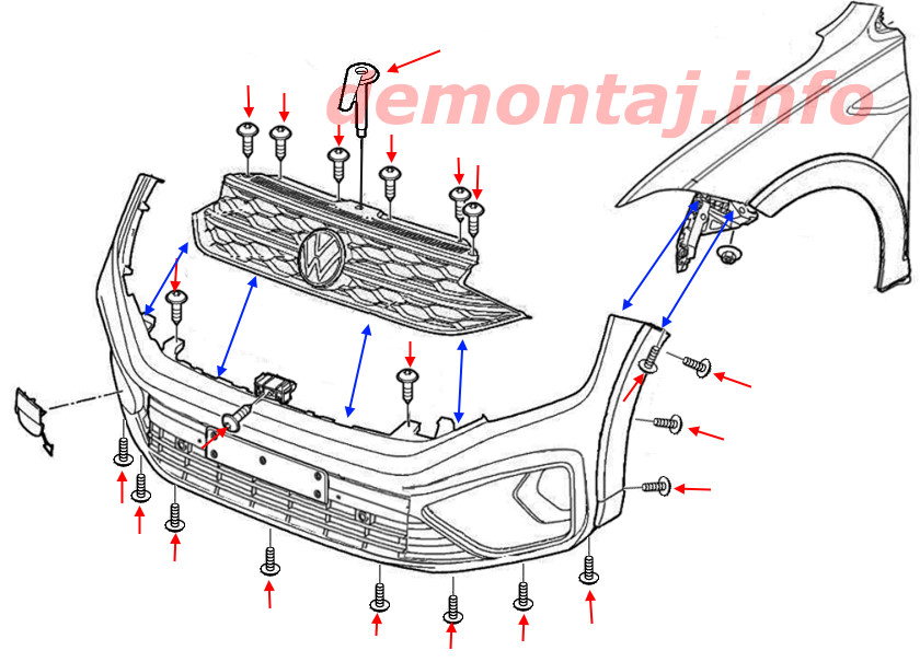 Схема крепления переднего бампера VW Taigo (Nivus) 2020+ 