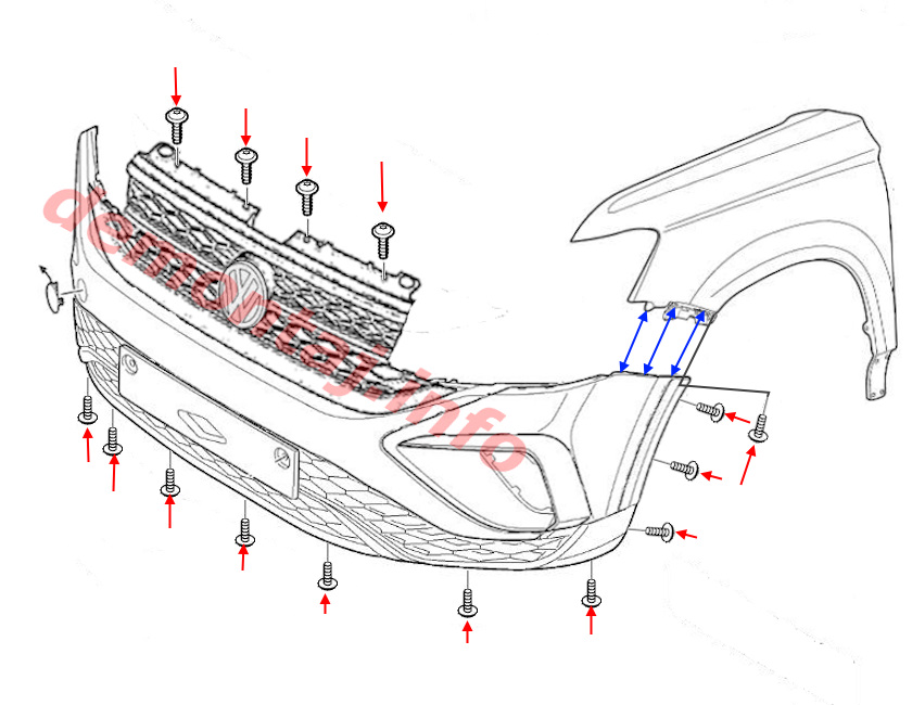 Схема крепления переднего бампера VW Taos 2020+ 
