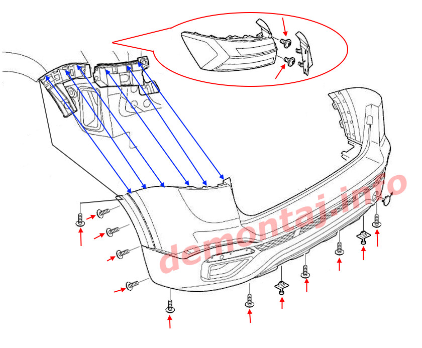Схема крепления заднего бампера VW Taos 2020+ 