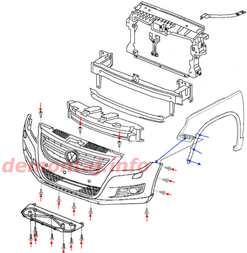 Схема крепления переднего бампера Volkswagen Tiguan I 2007-2018 
