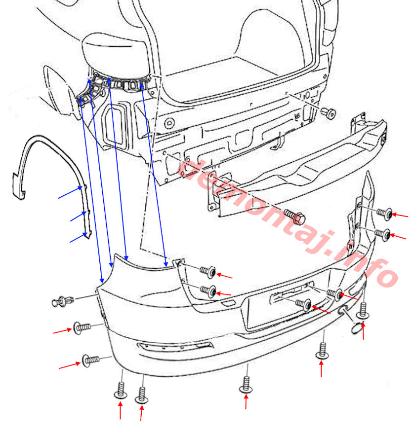 Схема крепления заднего бампера Volkswagen Tiguan I 2007-2018 