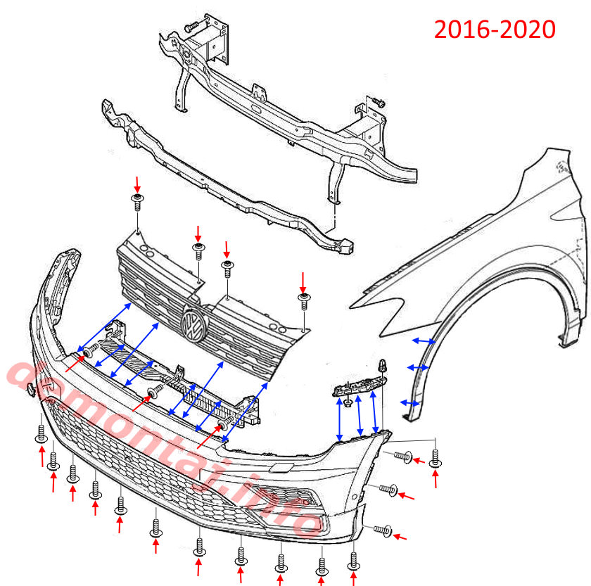 Схема крепления переднего бампера Volkswagen Tiguan II 2016-2020