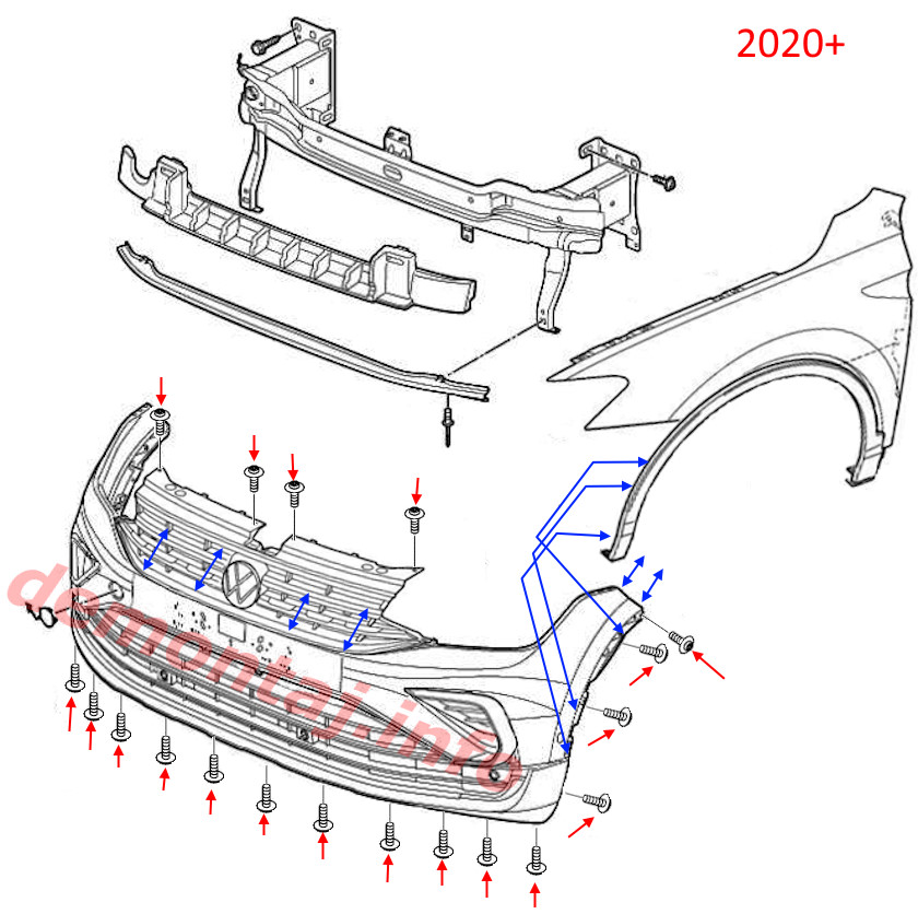 Схема крепления переднего бампера Volkswagen Tiguan II 2020-2024 