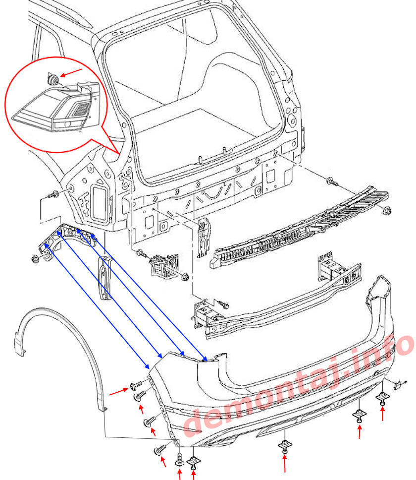 Схема крепления заднего бампера Volkswagen Tiguan II 2016-2024 