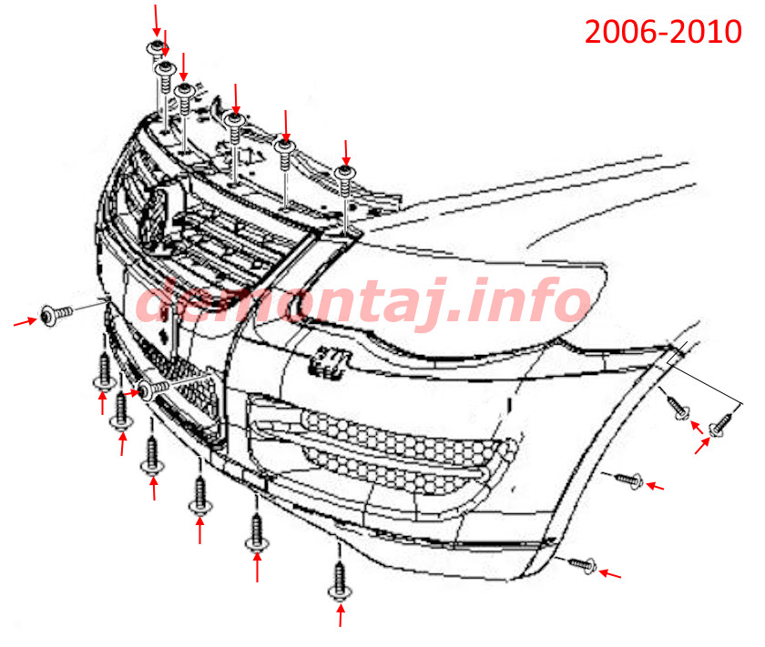 Схема крепления переднего бампера Volkswagen Touareg I 2002-2010 